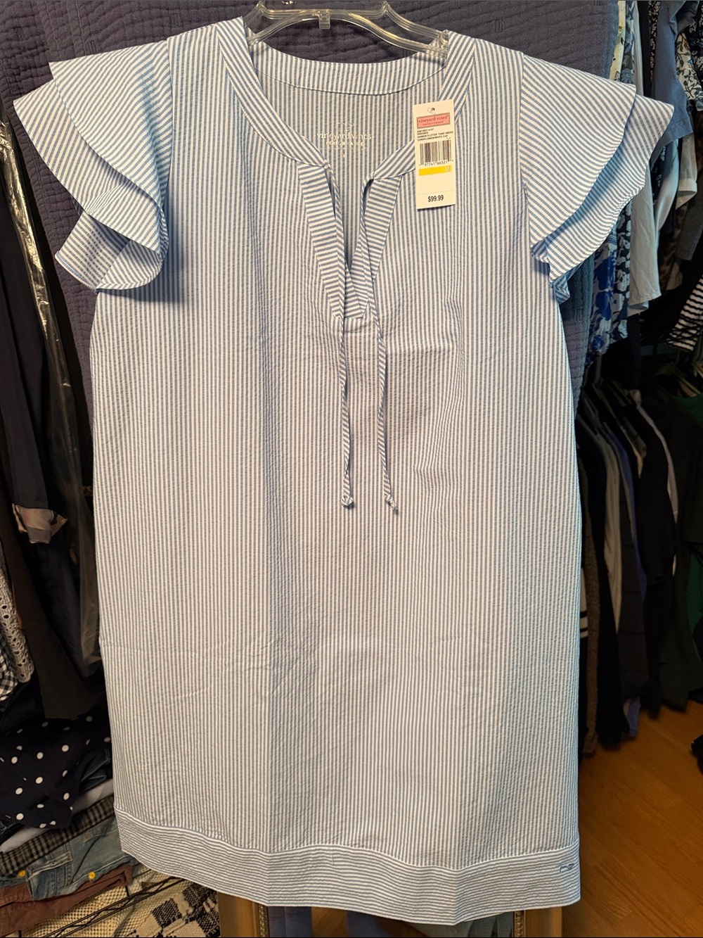 Vineyard Vines Blue and White Striped Tie-Neck Ruffle Sleeve Dress